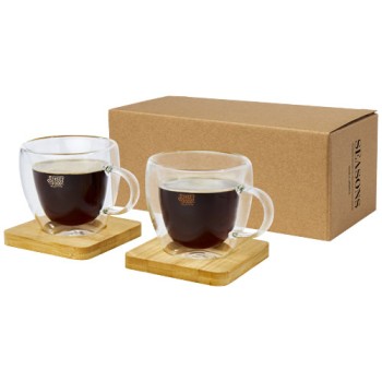 Set di 2 tazze in vetro a doppia parete da 100 ml con sottobicchiere in bambù Manti  Gadget.it