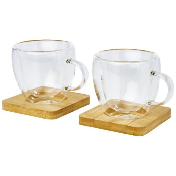 Set di 2 tazze in vetro a doppia parete da 100 ml con sottobicchiere in bambù Manti  Gadget.it