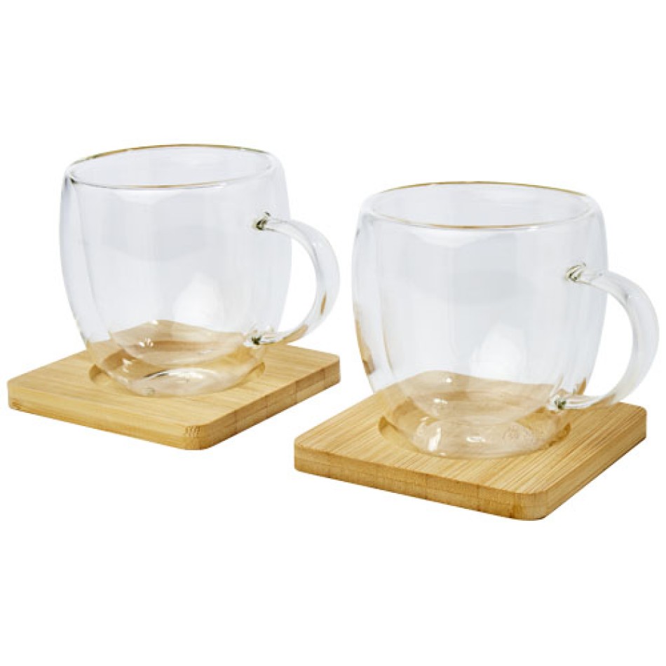 Set di 2 tazze in vetro a doppia parete da 250 ml con sottobicchiere in bambù Manti  Gadget.it